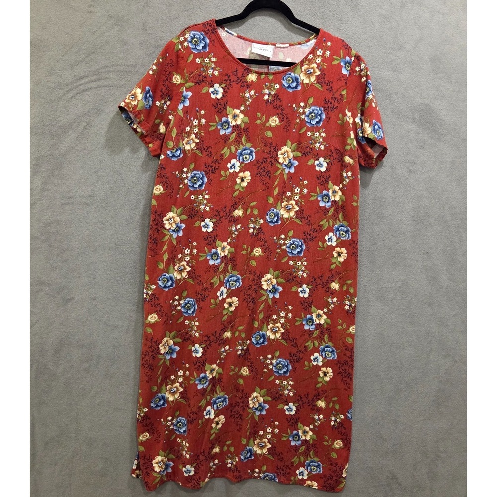 Vintage Studio Ease Red Floral Midi Shift‎ Summer Dress Women's Sz XL Casual